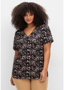 sheego Gro&szlig;e Gr&ouml;&szlig;en Kurzarmshirt mit Rei&szlig;verschluss am Ausschnitt, schwarz-hellros&eacute;-gemustert, Gr&ouml;&szlig;e 54 - Damen