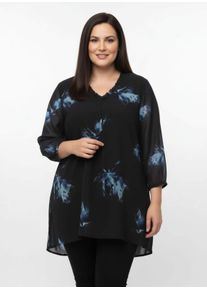 sheego Gro&szlig;e Gr&ouml;&szlig;en Tunika mit R&uuml;schen am Ausschnitt, schwarz-aquamarin-bedruckt, Gr&ouml;&szlig;e 52 - Damen