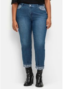 sheego Große Größen Jeans mit Beinumschlag im Herz-Dessin, blue-stone-washed, Größe 54 - Damen