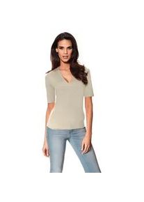 V-Shirt Heine "V-Shirt", Damen, Gr. 40, beige (sand), 90% Polyamid, 10% Elasthan, unifarben, V-Ausschnitt, Shirts