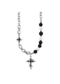 Kette mit Anh&auml;nger Bruno Banani "Schmuck Geschenk Edelstahlkette mit Kreuz schwarz emalliert", edelstahlfarben, schwarz, wei&szlig;, Halsketten, Damen, Edelstahl Lava Perlen, L: 53 B: 7mm, Edelstahl, Lava, Perlen, mit Lavastein - mit Perle (imitiert), B:7mm