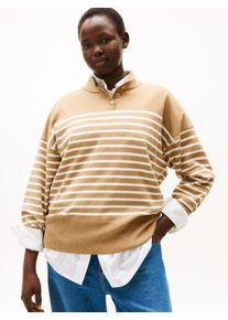 Stehkragenpullover Tommy Hilfiger Curve "CRV CO JERSEY GOLD BTN MK-NK SWT", Damen, Gr. 46, placed thin beige stp sweaters, Strick, Obermaterial: 75% Baumwolle, 25% Polyamid, gestreift, B&uuml;ndchen, Pullover Stehkragenpullover, in gro&szlig;en Gr&ouml;&szlig;en, mit goldfarbenen Kn&ouml;pfen