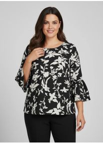 sheego Große Größen Schlupfbluse mit Volant am Ärmel, schwarz-weiß-bedruckt, Größe 36 - Damen