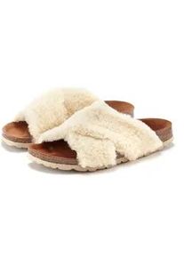 Hausschuh Lascana "Mule, Sandale, offener Schuh, Pantolette", Damen, Gr. 37, beige, Obermaterial: 100% Synthetik. Decksohle: 100% Rindsleder. Futter: 100% Lederimitat. Laufsohle: 100% Synthetik, Fellimitat, Schuhe Hausschuh, mit Korkfu&szlig;bett und Fellimitat