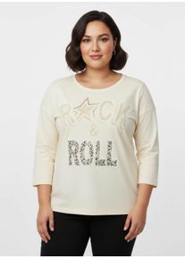 sheego Große Größen 3/4-Arm-Shirt mit glänzendem Schriftzug, champagner-sand-bedruckt, Größe 38 - Damen