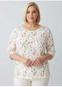 sheego Große Größen Print-Shirt mit Raffung an den Ärmeln, ecru-flamingo-bedruckt, Größe 40 - Damen