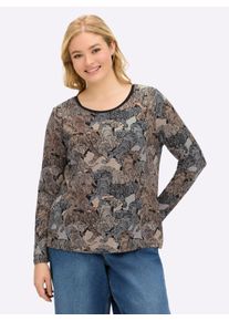 sheego Gro&szlig;e Gr&ouml;&szlig;en Langarmshirt mit kontrastfarbiger Paspel, schwarz-sand-bedruckt, Gr&ouml;&szlig;e 38 - Damen