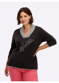 sheego Gro&szlig;e Gr&ouml;&szlig;en Strickpullover mit Blumen-Stickerei, anthrazit, Gr&ouml;&szlig;e 48 - Damen