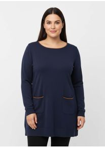 sheego Gro&szlig;e Gr&ouml;&szlig;en Longpullover mit Kontrast-Rollsaum, dunkelblau, Gr&ouml;&szlig;e 52 - Damen
