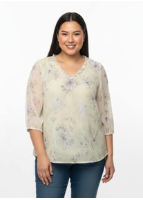 sheego Große Größen Schlupfbluse mit Volant am Ausschnitt, sand-hortensie-bedruckt, Größe 44 - Damen