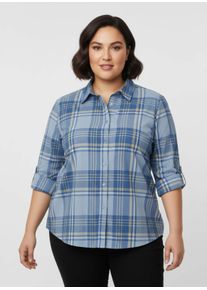 sheego Gro&szlig;e Gr&ouml;&szlig;en Karobluse mit Krempel-&Auml;rmeln, eisblau-apricot-kariert, Gr&ouml;&szlig;e 42 - Damen