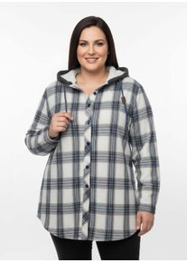 sheego Große Größen Flanellbluse mit Kapuze, weiß-dunkelblau-kariert, Größe 50 - Damen