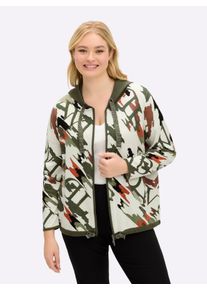 sheego Gro&szlig;e Gr&ouml;&szlig;en Kapuzenstrickjacke mit Druck und Glitzersteinchen, champagner-khaki-bedruckt, Gr&ouml;&szlig;e 46 - Damen