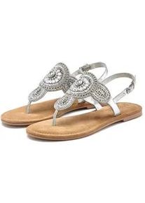 Zehentrenner Lascana, Damen, Gr. 35, silber (silberfarben), Obermaterial: 80% Synthetik, 20% Schafsleder. Decksohle: 100% Ziegenleder. Futter: 100% Schafsleder. Laufsohle: 100% Synthetik, bestickt, Schuhe Zehentrenner, Sandale, Pantolette in Glitzer-Optik und softer Lederinnensohle
