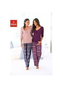 Pyjama Vivance DREAMS, Damen, Gr. 56/58, bunt (rosa, kariert, bordeaux, kariert), Single Jersey, Obermaterial: 100% Baumwolle, gemustert, unifarben, Basic, lang, Homewear-Sets Pyjama, mit karierter Hose, Topseller
