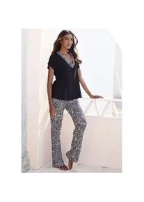 Pyjama Lascana, Damen, Gr. 40/42, schwarz-wei&szlig; (schwarz, wei&szlig; gepunktet), Single Jersey, Obermaterial: 100% Viskose, bequem lang, V-Ausschnitt, angeschnitten, Homewear-Sets Pyjama, mit gemusterten Details
