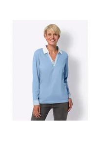 Langarmshirt Classic Basics "Langarm-Shirt", Damen, Gr. 42, blau (himmelblau, wei&szlig;), 100% Baumwolle, gemustert, gestreift, mehrfarbig, V-Ausschnitt, Shirts Langarmshirt