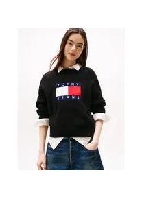 Tommy Hilfiger Strickpullover TOMMY JEANS "TJW MELANGE FLAG SWEATER RIB EXT", Damen, Gr. L (40), schwarz htr, Strick, Obermaterial: 70% Polyacryl, 23% Polyamid, 5% Wolle, 2% Elasthan, meliert, figurbetont normal, Rundhals, Pullover Strickpullover, in gerippter Struktur