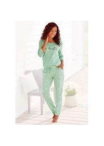 Pyjama Vivance DREAMS, Damen, Gr. 40/42, gr&uuml;n (jade, gemustert), Single Jersey, Obermaterial: 100% Baumwolle, gebl&uuml;mt, Basic, bequem lang, Rundhals, eingesetzt, Homewear-Sets Pyjama, mit G&auml;nsebl&uuml;mchen-Druck