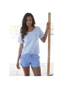 H.I.S. Shorty H.I.S, Damen, Gr. 56/58, blau, Single Jersey, Obermaterial: 95% Baumwolle, 5% Elasthan, bestickt, gestreift, loose fit kurz, Rundhals, Homewear-Sets Shorty, mit Logostickerei auf der Brust