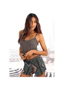 Shorty Lascana, Damen, Gr. 36/38, braun (braun, gemustert), Single Jersey, Obermaterial: 100% Viskose, gemustert, mehrfarbig, kurz, tiefer V-Ausschnitt, Homewear-Sets Shorty, mit l&auml;ngenverstellbaren Spaghettitr&auml;gern