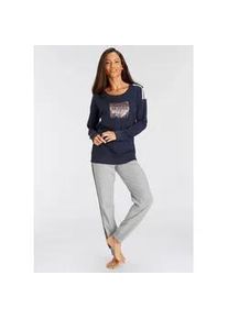 Pyjama Vivance DREAMS, Damen, Gr. 36/38, blau (dunkelblau, graumeliert), Single Jersey, Obermaterial: 100% Baumwolle, Basic lang, Rundhals, Homewear-Sets Pyjama, mit kontrastfarbenen Tape Details