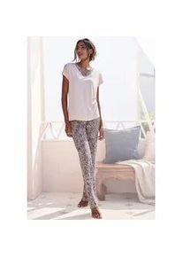 Pyjama Lascana, Damen, Gr. 40/42, rosa (rosa anthrazit gemustert), Single Jersey, Obermaterial: 100% Viskose, bequem lang, V-Ausschnitt, angeschnitten, Homewear-Sets Pyjama, mit gemusterten Details