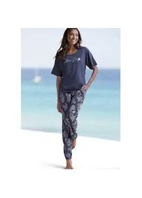 Pyjama Vivance DREAMS, Damen, Gr. 48/50, blau (dunkelblau, gemustert), Single Jersey, Obermaterial: 60% Baumwolle, 40% Polyester, gemustert, unifarben, bequem lang, Rundhals, abgesteppt, Homewear-Sets Pyjama, Allover-Druck