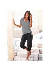 H.I.S. Capri-Pyjama H.I.S, Damen, Gr. 56/58, schwarz (schwarz, gestreift), Single Jersey, Obermaterial: 100% Baumwolle, unifarben mit Farbeinsatz, Basic, l&auml;ssig geschnitten 3/4-L&auml;nge, V-Ausschnitt, Homewear-Sets, mit geringeltem T-Shirt und legerer Hose