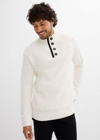 bonprix Strukturierter-Stehkragenpullover mit recycelter Baumwolle, wei&szlig;, Gr.44/46 (S), Cooler Pullover mit recycelter Baumwolle und Druck am Kragen, 70% Baumwolle (recycelt)