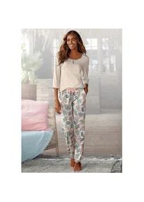Pyjama Lascana, Damen, Gr. 32/34, beige (sand, bedruckt), Single Jersey, Obermaterial: 100% Baumwolle, bedruckt, Basic lang, Rundhals, eingesetzt,mit Aufschlag,mit Riegel, Homewear-Sets Pyjama, mit gemusterter Hose