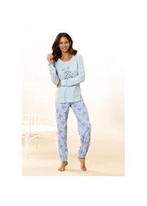 Pyjama Vivance DREAMS, Damen, Gr. 36/38, blau (hellblau), Single Jersey, Obermaterial: 100% Baumwolle, bequem lang, Rundhals, Rippb&uuml;ndchen, Homewear-Sets Pyjama, mit s&uuml;&szlig;em B&auml;rchendruck