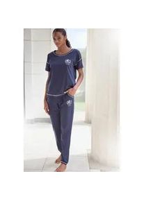 Pyjama Lascana, Damen, Gr. 32/34, blau (dunkelblau), Single Jersey, Obermaterial: 50% Baumwolle, 50% Viskose, bedruckt, kontrastfarbene Details, unifarben mit Farbeinsatz, bequem lang, Rundhals, mit Umschlag, Homewear-Sets Pyjama, mit kontrastfarbenen Ziersteppungen