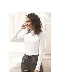 Strickpullover Lascana, Damen, Gr. 44/46, beige (creme), Feinstrick, Obermaterial: 83% Viskose, 15% Polyamid, 2% Elasthan, unifarben, figurbetont h&uuml;ftlang, mit Schlitz, Pullover Strickpullover, mit Zierkn&ouml;pfen am &Auml;rmelabschluss, leichter Rollkragenpullover, Basic