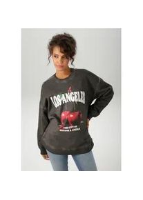 Sweatshirt Aniston CASUAL, Damen, Gr. 40/42, grau (anthrazit, wei&szlig;, rot, gr&uuml;n, schwarz), angeraute Sweatware, Obermaterial: 100% Baumwolle, Abriebeffekte, bedruckt, oversize Po-bedeckend, Rundhals, Rippb&uuml;ndchen, Sweatshirts Sweatshirt, mit knackigen Kirschen und Schriftz&uuml;gen bedruckt