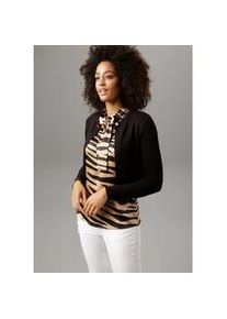 Bolero Aniston SELECTED, Damen, Gr. 46, schwarz, Feinstrick, Obermaterial: 94% Viskose, 6% Elasthan, unifarben, figurumspielend taillenlang, Rundhals, Strickjacken Bolero, mit funkelndem Verschlussknopf