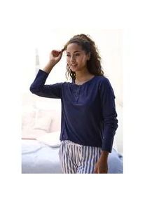 Pyjamaoberteil s.Oliver, Damen, Gr. 36/38, blau, Single Jersey, Obermaterial: 50% Baumwolle, 50% Viskose, unifarben, Basic, Basic h&uuml;ftlang, Rundhals, eingesetzt, Shirts, mit Knopfleiste
