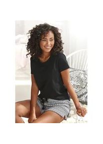 Shorty Vivance DREAMS, Damen, Gr. 40/42, schwarz (schwarz, gemustert), Single Jersey, Obermaterial: 100% Baumwolle, gemustert, unifarben, Basic, bequem kurz, Rundhals, Homewear-Sets Shorty, mit schwarz-wei&szlig;em Ethno-Muster