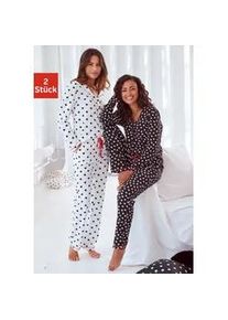 Pyjama Vivance DREAMS, Damen, Gr. 32/34, schwarz-wei&szlig; (wei&szlig;, schwarz, gepunktet, schwarz, wei&szlig;, gemustert), Single Jersey, Obermaterial: 100% Baumwolle, gemustert, bequem lang, V-Ausschnitt, abgesteppt kontrastfarben, Homewear-Sets Pyjama, mit gro&szlig;en Punkten und Sternen