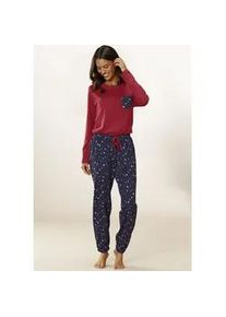 Pyjama Vivance DREAMS, Damen, Gr. 48/50, rot (rot, navy), Single Jersey, Obermaterial: 100% Baumwolle, bequem lang, Rundhals, Homewear-Sets Pyjama, mit niedlichem Herzen-Sterne-Druck