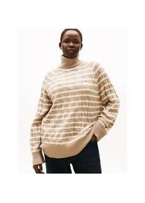 Rollkragenpullover Tommy Hilfiger Curve "CRV SOFT WOOL CABLE ROLL-NK SWT", Damen, Gr. 46, safari canvas htr, ivory petal stp, Strick, Obermaterial: 100% Wolle, gestreift, B&uuml;ndchen, Pullover Rollkragenpullover, in gro&szlig;en Gr&ouml;&szlig;en, mit Zopfmuster, aus reiner Wolle