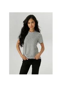T-Shirt Aniston SELECTED, Damen, Gr. 40, schwarz-wei&szlig; (wei&szlig;, schwarz), Jersey, Obermaterial: 60% Polyester, 35% Viskose, 5% Elasthan, gemustert, figurumspielend h&uuml;ftbedeckend, Rundhals, Shirts T-Shirt, mit moderner Oberfl&auml;chenstruktur und Wellenmusterung