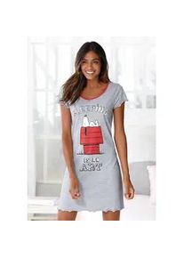 Nachthemd PEANUTS, Damen, Gr. 40/42, N-Gr, grau (grau, meliert), Single Jersey, Obermaterial: 100% Baumwolle, bedruckt, Basic kurz, Rundhals, eingesetzt Babylock, Kleider Nachthemd, mit Snoopy-Print und kleiner Schleife