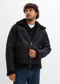 bonprix Lederimitat-Jacke mit Teddyfutter, schwarz, Gr.60, Kernige Lederimitat-Jacke mit TeddyfutterLederimitat