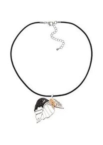 Collierkettchen Steuer "Metall Blatt 3-farbig Lederband schwarz 45,5+7,0cm", schwarz, Halsketten, Damen, 45,5+7,0cm, Metall, L: 52,5 B: 50mm, matt, B:50mm