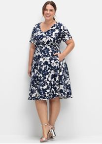 sheego Große Größen Cocktailkleid mit Blumenprint und Stoffgürtel, marine-gemustert, Größe 40 - Damen
