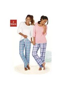 Pyjama Arizona, Damen, Gr. 32/34, orange (koralle, kariert, ecru, kariert), Single Jersey, Obermaterial: 100% Baumwolle, unifarben, bequem lang, Rundhals, Homewear-Sets Pyjama, mit passenden Basicshirts