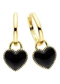 Paar Creolen "Schmuck Geschenk mit Emaille Herzeinh&auml;nger schwarz", schwarz (gelbgoldfarben, schwarz), ANISTON JEWELRY & WATCHES, Ohrringe, Damen, 15,1mm, Silber 925 (Sterlingsilber), Einh&auml;nger abnehmbar