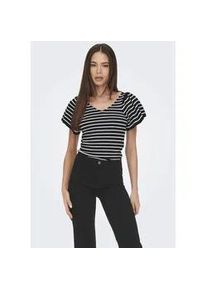 Kurzarmpullover Only "ONLLEELO STRIPE SS BACK V-NECK KNT NOOS", Damen, Gr. XS, schwarz (schwarz stripe), Strick, Obermaterial: 100% Polyamid, gestreift, slim fit taillenbedeckt, V-Ausschnitt, Puff&auml;rmel Rippstrickb&uuml;ndchen, Pullover