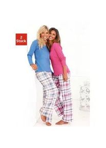 Schlafanzug Arizona, Damen, Gr. 52/54, bunt (blau kariert, pink kariert), Single Jersey, Obermaterial: 100% Baumwolle, kariert, unifarben, Basic, lang, Rundhals, abgerundeter Saum, Homewear-Sets Schlafanzug, mit Hose im Karodesign, Topseller